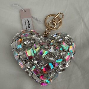 Crystal Heart Keychain Bag Charm - Iridescent Rhinestones- clear Puff
